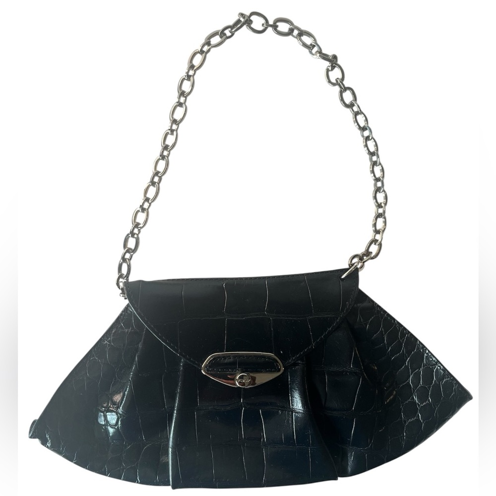 FURLA Black Italian Leather Crocodile Embossed Evening Clutch